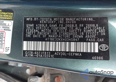 2004 Toyota Camry Le z USA, uszkodzony, nr VIN 4T1BE32KX4U345847